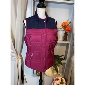 Crown & Ivy Large Petite PL LP Plum Purple Navy Blue Gold Button Puffer Vest GUC